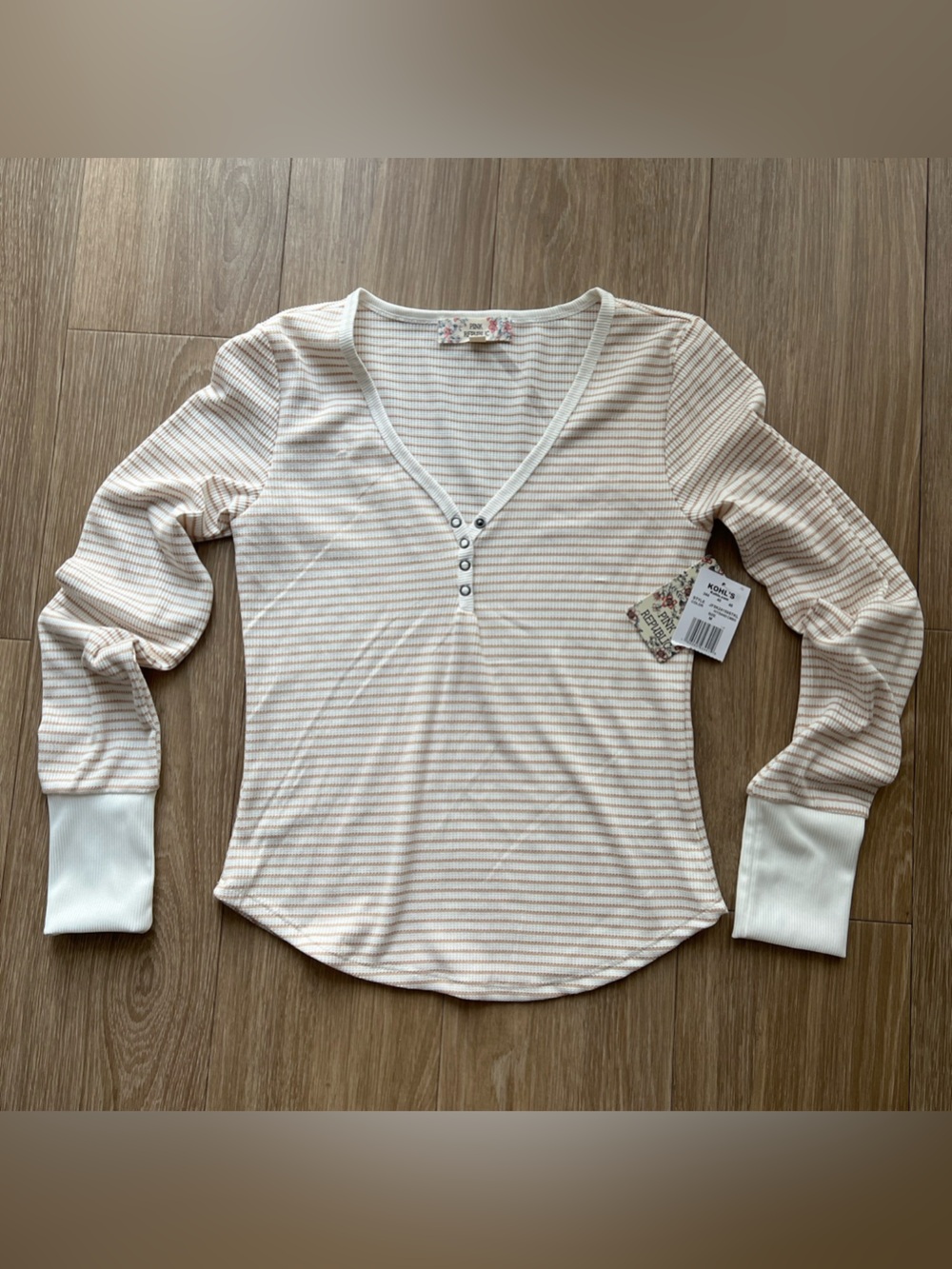 Pink Republic Cream Top with Tan Stripe Ribbed Henley